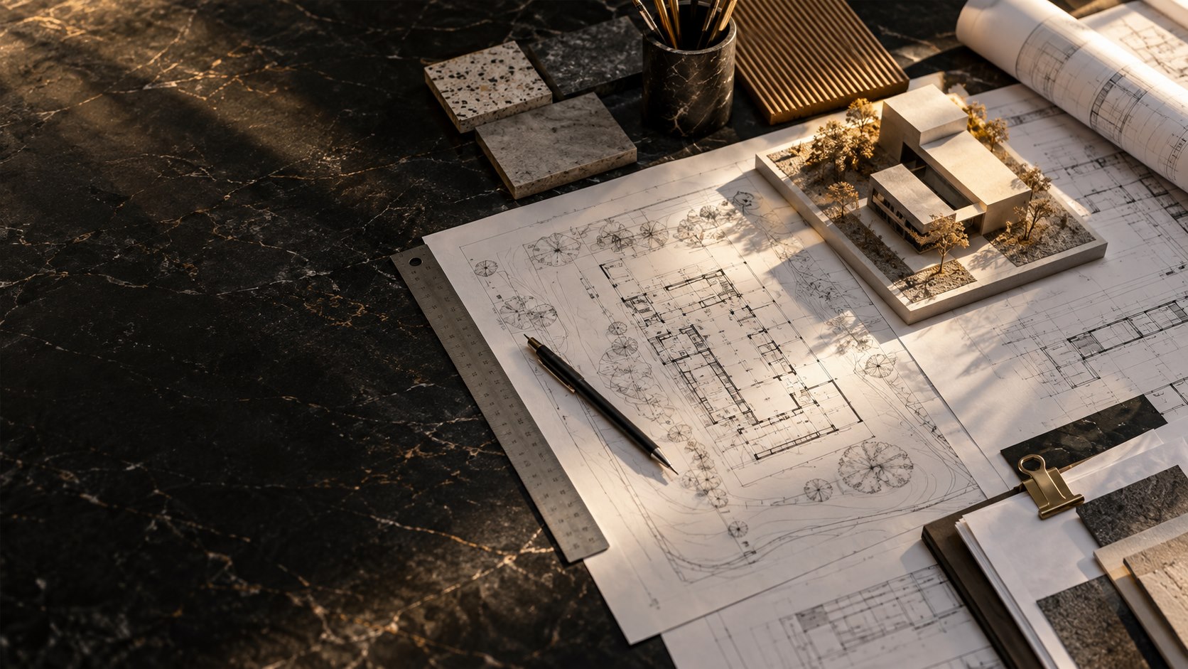 Concept illustration of construction drawings, a building model and materials on a planning table